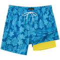 SURF CUZ Mens Swim Trunks with Compression Liner Quick Dry Swim Shorts 7" Swimming Trunks Stretch Zipper Pockets Blue Flower Leaves X X-Large