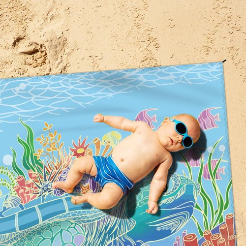 Beach Blanket Waterproof Sandproof Large Beach Mat 79" X 83" for 2-4 Adults Sand Free Mat Quick Drying,Lightweight & Durable with 4 Stakes & 4 Corner Pockets for Beach Travel Camping.(Sea Turtle)