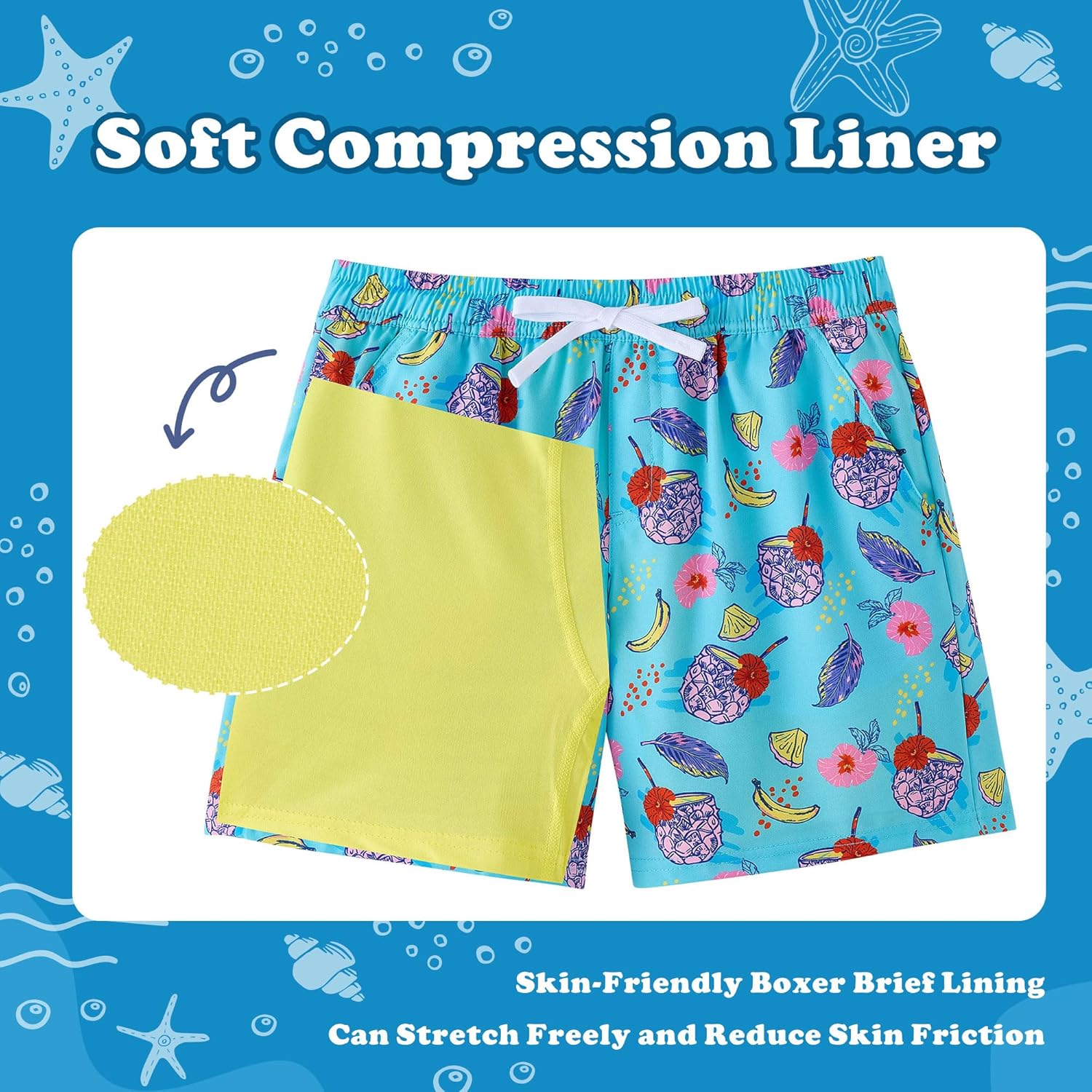 Skiennix Boys Swim Trunks - Quick-Dry Stretch Swim Shorts with Compression Liner | Ages 5-12Y