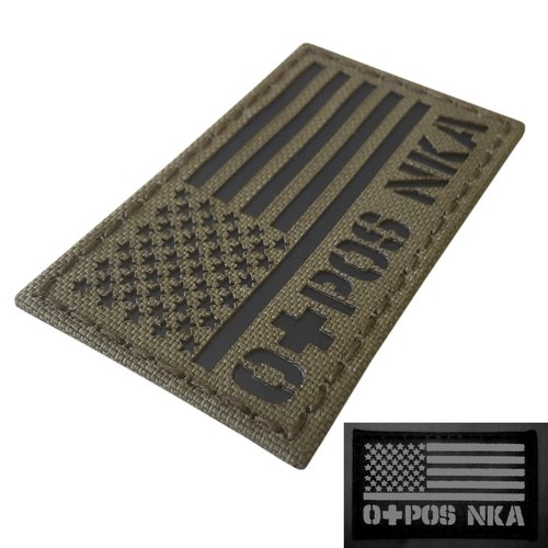 Infrared USA Flag OPOS O+ Blood Type NKA NKDA IR Tactical Morale Touch Fastener Patch (Ranger Green)