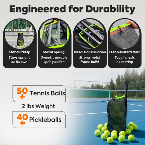 BERONEX Tennis Ball Hopper & Picker Basket, Holds 50+ Tennis Balls or 40+ Pickleballs Lightweight Retriever Collector, Durable, Portable & Adjustable Easy Pick Up and Carrying Ball Collector (Green)