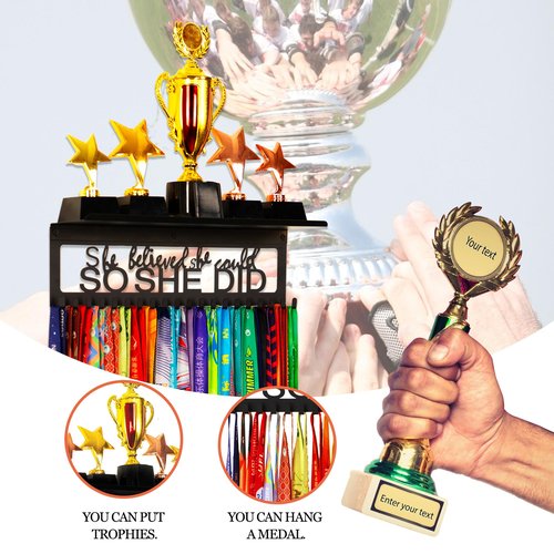 Goutoports Medal Holder Trophy Display Hanger Rack Frame for Sport Race Runner - She Believed She Could - Sturdy Black Steel Metal Over 60 Medals Easy Install - Can Hold Trophies