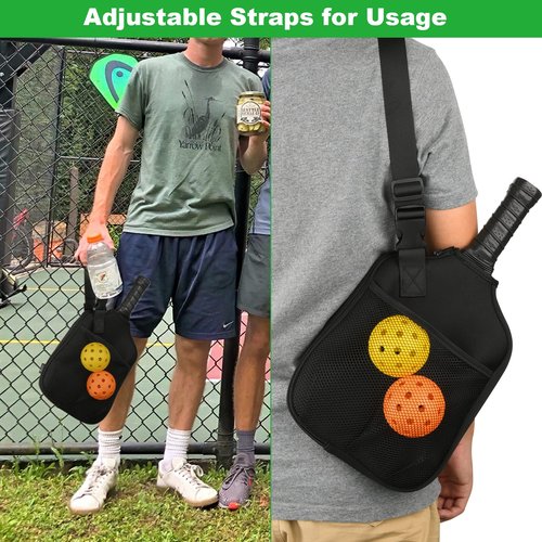 Cosmos 2 Pcs Neoprene Pickleball Paddle Cover Pickleball Racket Case Pickle Ball Sleeve - Pickleball Paddle Carry Bag with Ball Storage Accessories Pocket & Handle Strap (Black & Handle Stap)