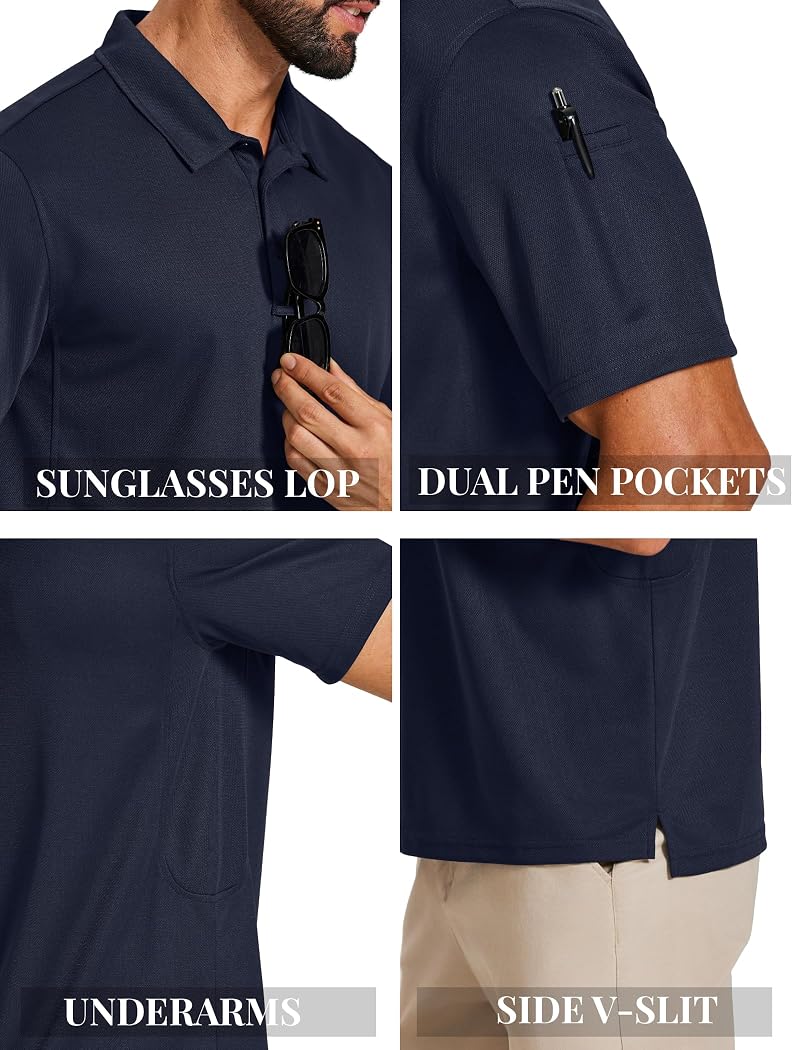 COOFANDY Men's Quick Dry Polo Shirt with Pen Pocket - Navy Blue, XXL