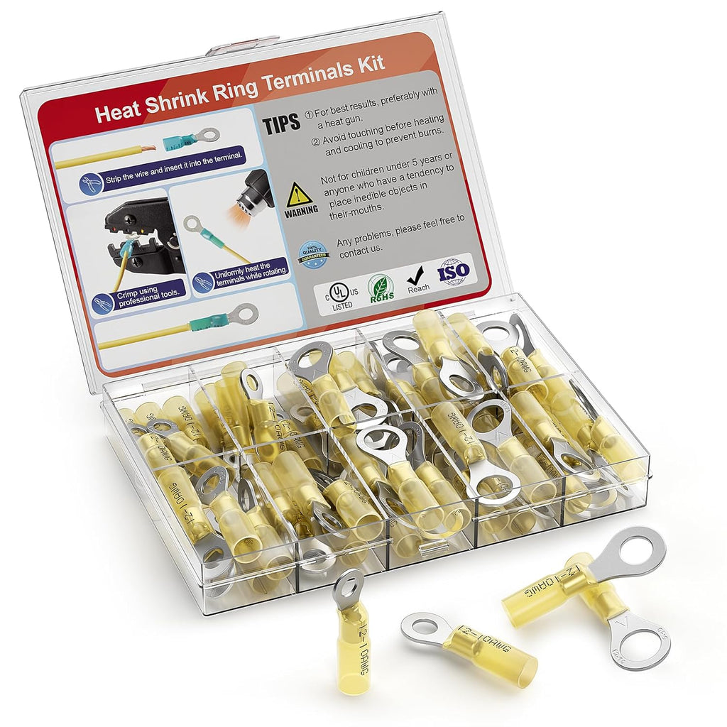 AIRIC Heat Shrink Ring Terminals Kit - Copper Battery Cable Lugs for 12/10 AWG Wires | 50 PCS, Yellow