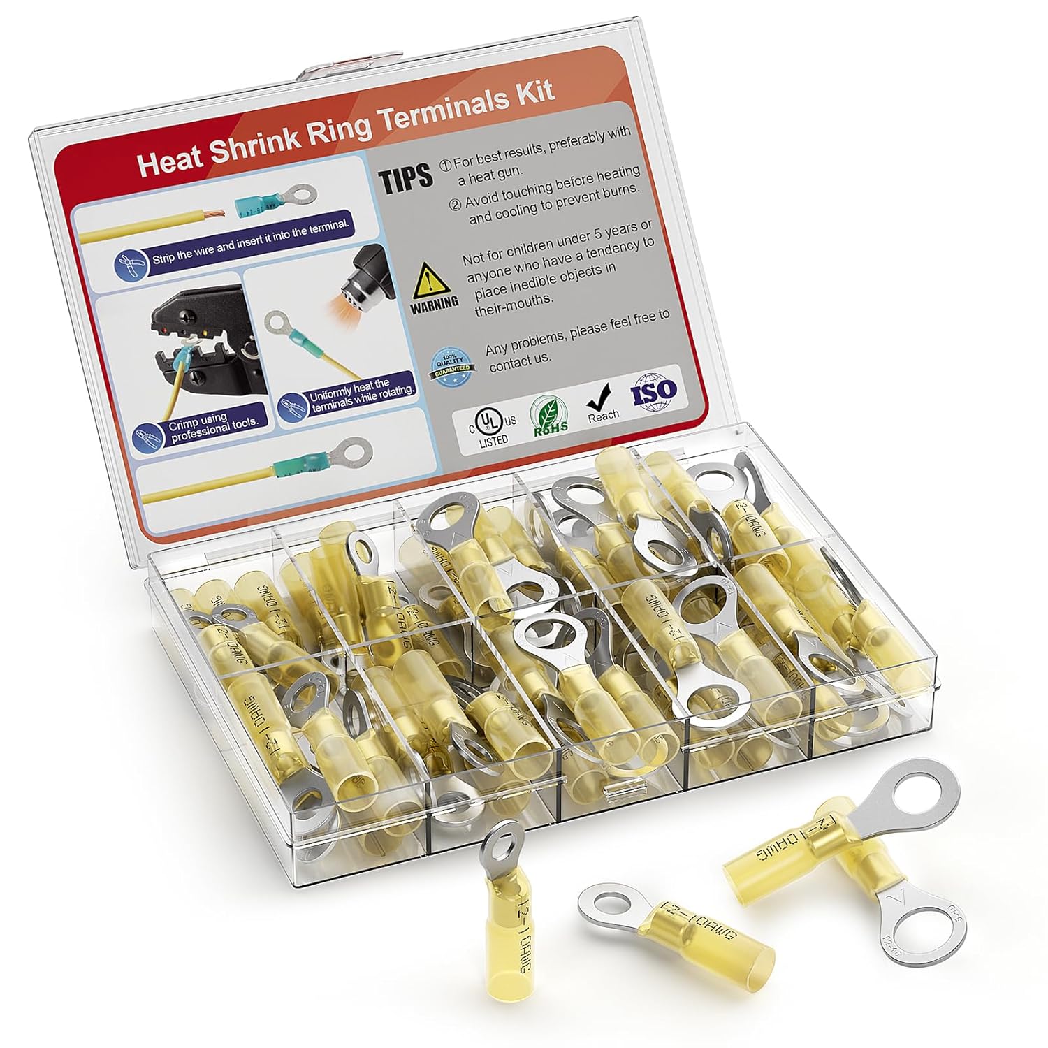 AIRIC Heat Shrink Ring Terminals Kit - Copper Battery Cable Lugs for 12/10 AWG Wires | 50 PCS, Yellow