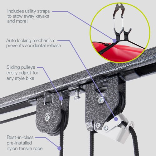 Bike Hoist Pro Ceiling Bike Rack by Delta Cycle (2-Pack) - Pre-Assembled Bike Hangers for Garage Holds Up to 100 lbs - Auto-Locking - Fully Adjustable for Any Bicycle, Kayak Hoist, Or Canoe Hoist