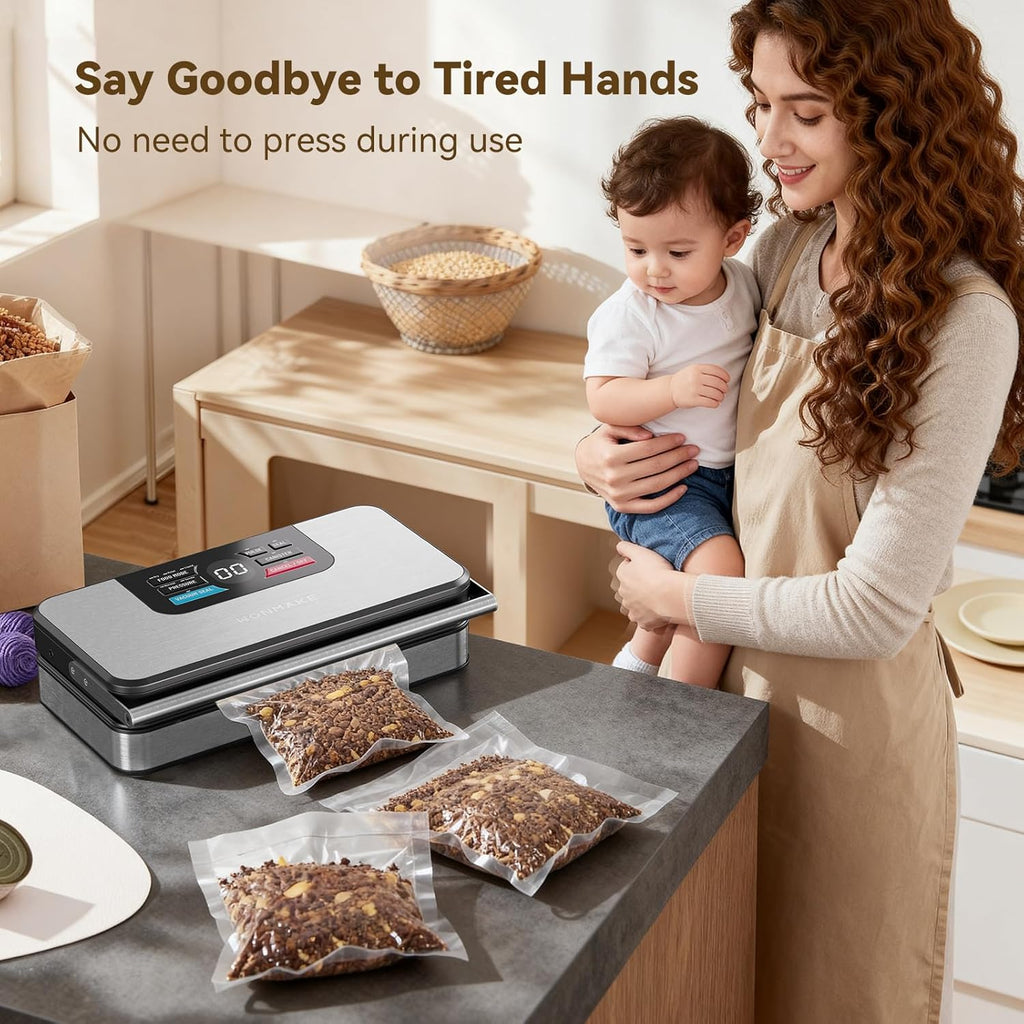 Skiennix Vacuum Sealer - Powerful 95kPa Fully Automatic 10-in-1 Food Sealer with Built-in Cutter & Roll Storage
