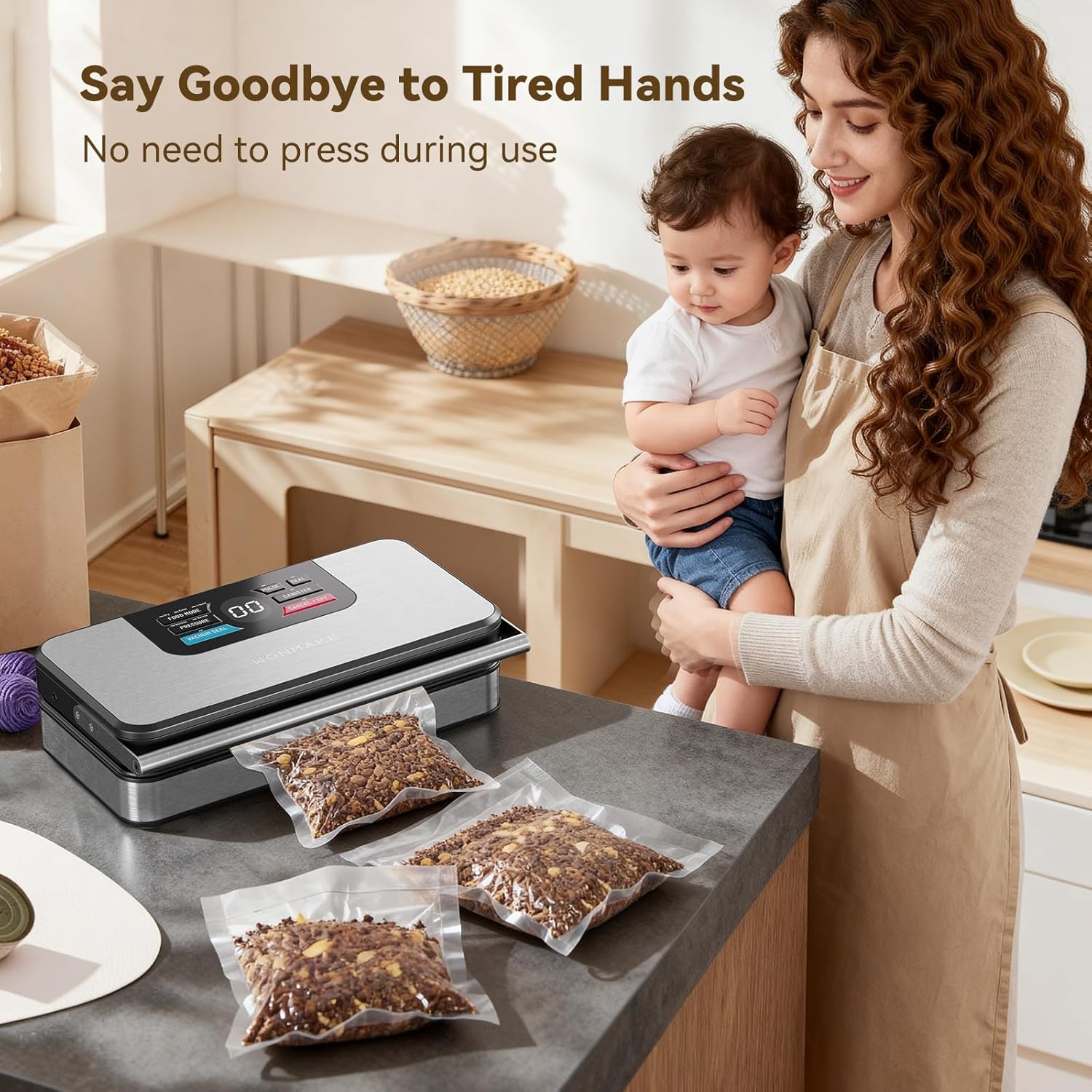 Skiennix Vacuum Sealer - Powerful 95kPa Fully Automatic 10-in-1 Food Sealer with Built-in Cutter & Roll Storage