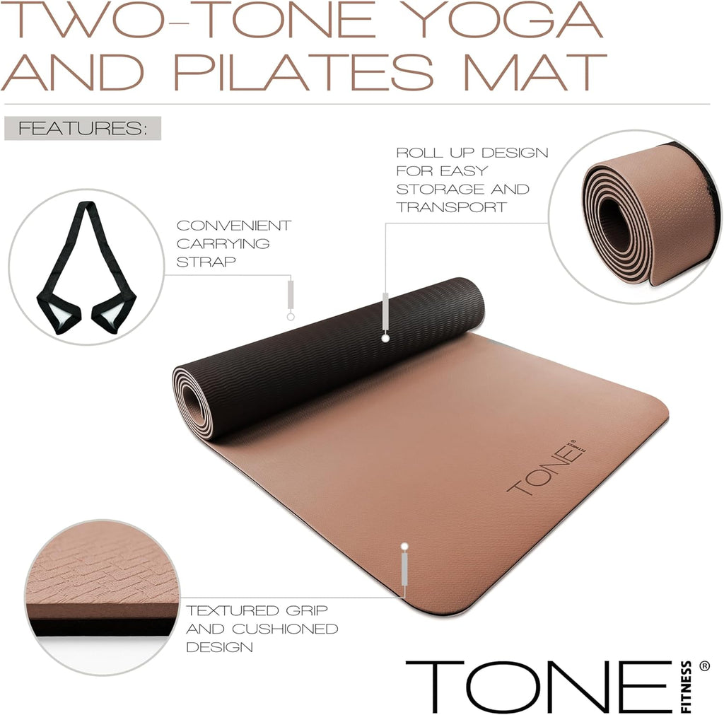 TONE Fitness Yoga Mat - 1/4" Thick Non-Slip Exercise & Pilates Mat with Carrying Strap | Multiple Colors Available