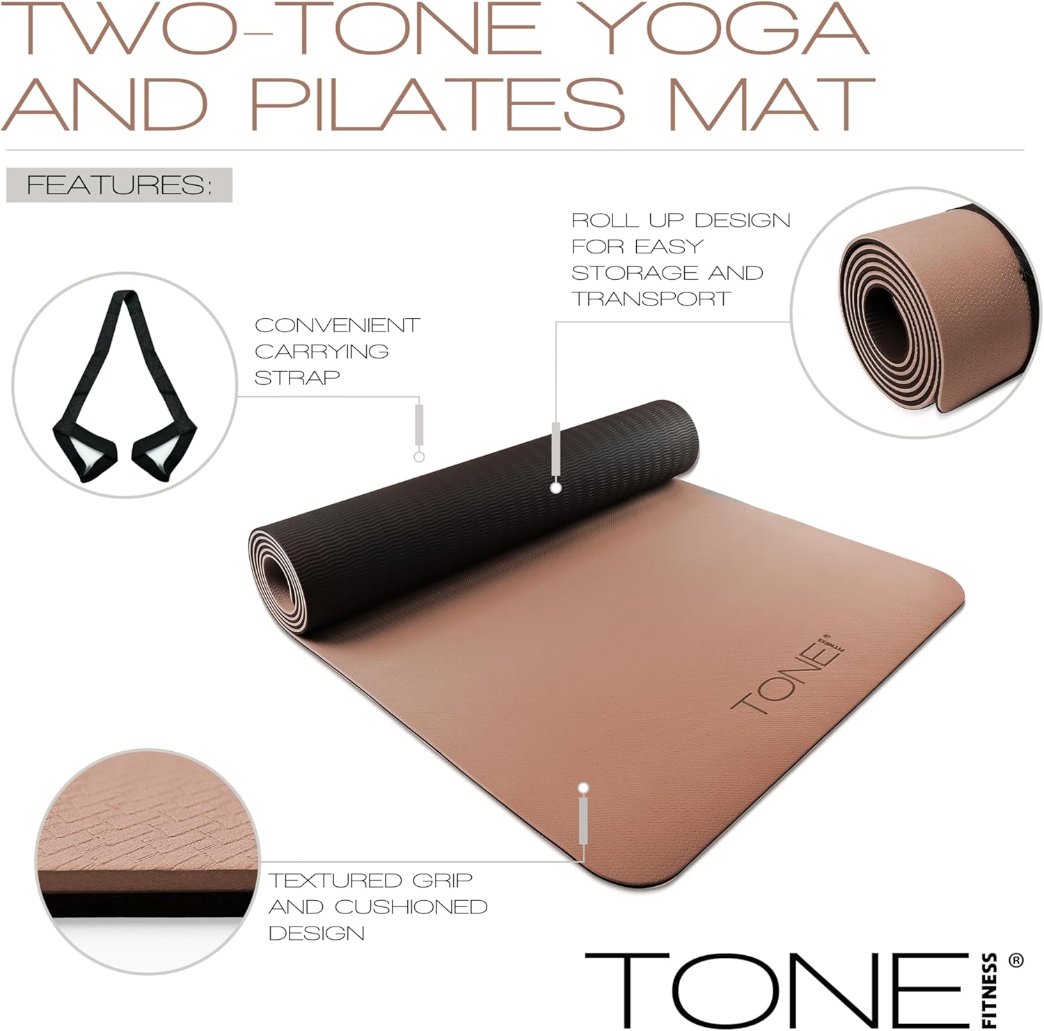 TONE Fitness Yoga Mat - 1/4" Thick Non-Slip Exercise & Pilates Mat with Carrying Strap | Multiple Colors Available