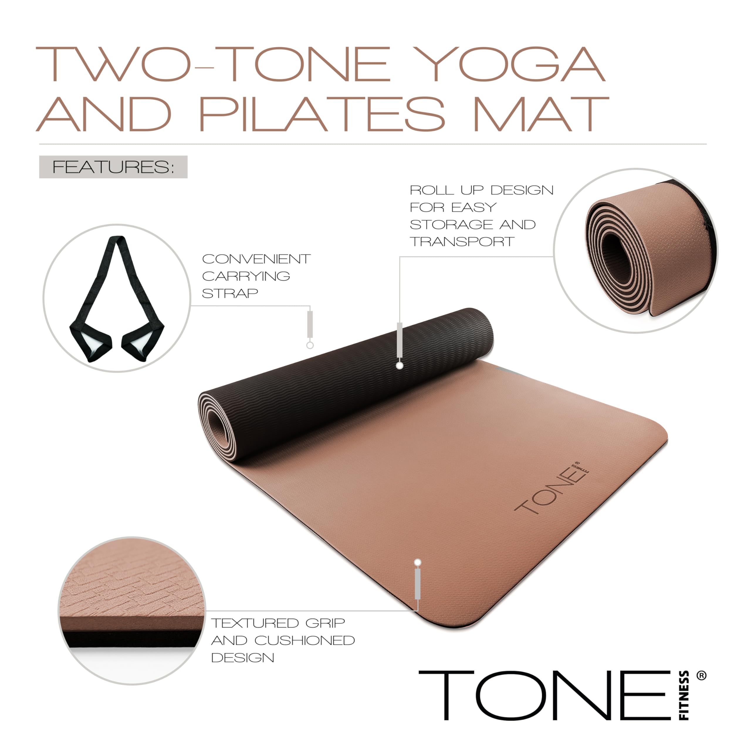 TONE Fitness Yoga Mat 1/4" Thick Non Slip Exercise & Pilates Mat for Home Workouts with Carrying Strap | V Pattern | Black/Blue