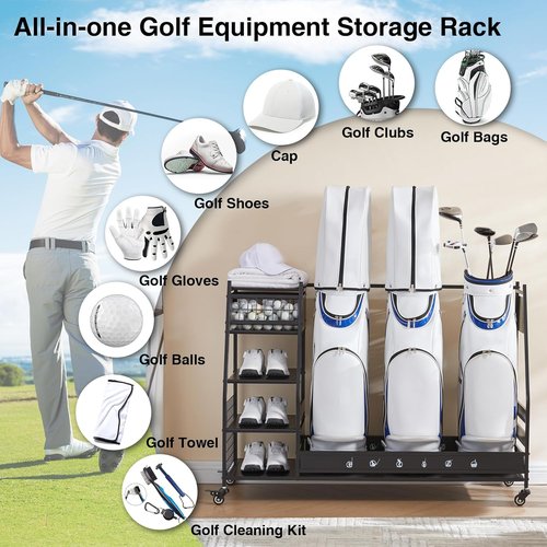 Lauren & Harold Golf Bag Organizer - Space-Saving Rack for 2 Golf Bags & Clubs | Ideal for Garage or Shed