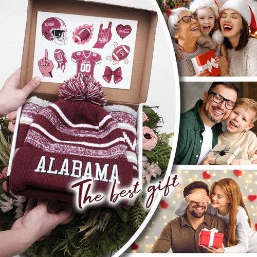 Alabama Beanie Hat Scarf Set for Men, Knit Pompom Beanie Cap, Football Fans Fashion Toque Cap, Neck Warmer Scarves,Winter Gifts for Sport Fans with Stickers