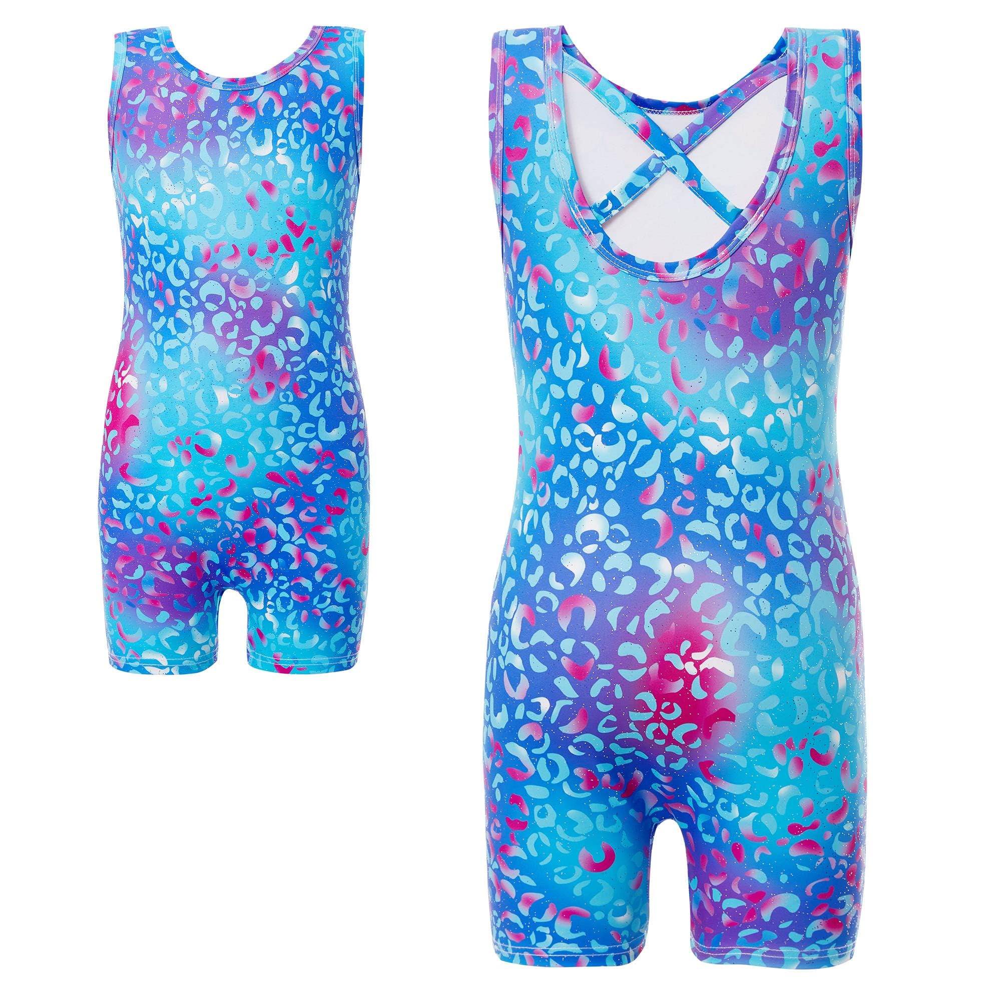 Haloumoning Girls Gymnastics Leotards with Shorts Kids One-Piece Sparkly Mermaid Dance Biketards Unitard 4-12Y