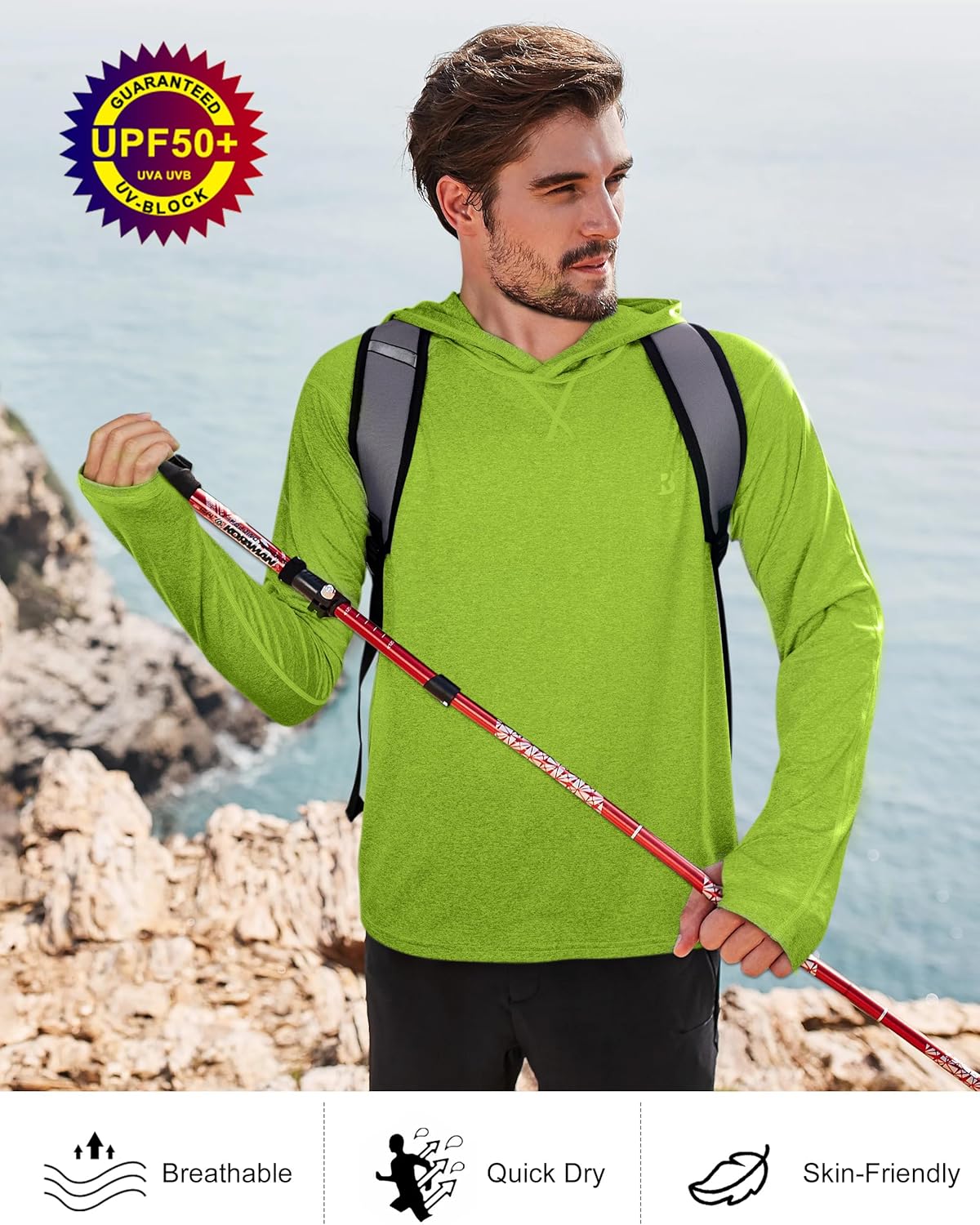 Roadbox Men's Fishing Shirt - UPF 50+ Long Sleeve UV Sun Hoodie for Hiking & Athletic Activities