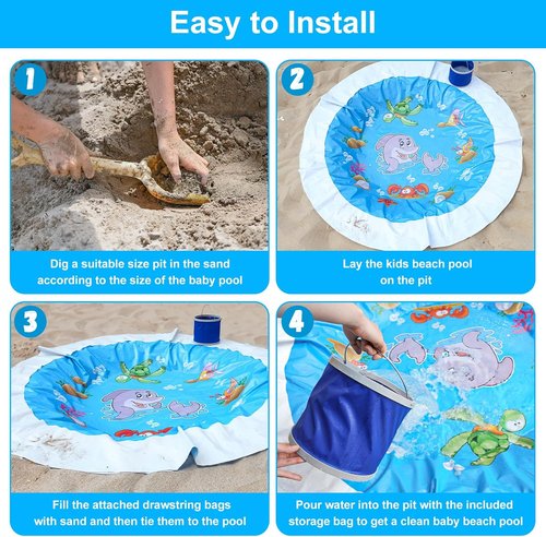 7.2 X 7.2 Feet Baby Beach Pool，Kiddie Pool and Beach Blanket，2 in 1 Toddler Paddling Pool，Beach Toys for Infant Kids Boys and Girls with Portable Water Bag 9L