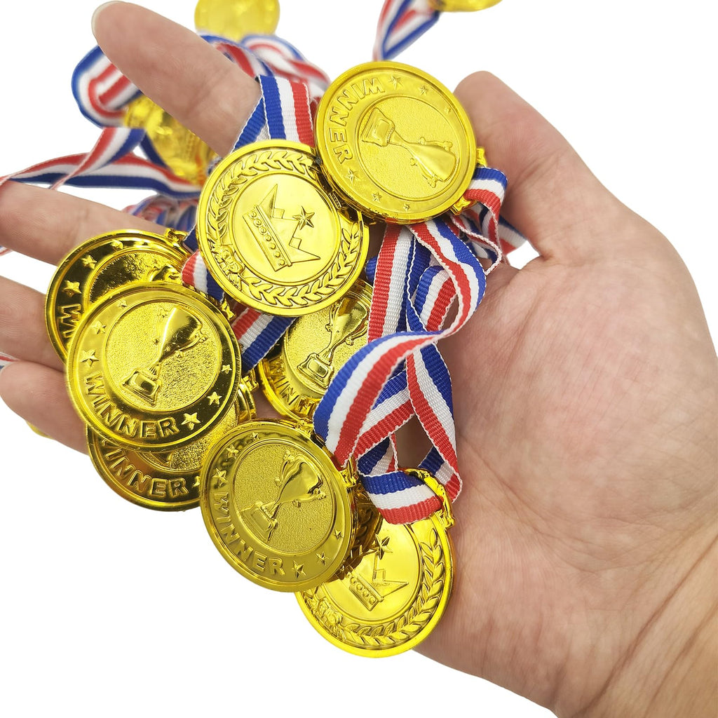 Pemalin 30 Pcs Gold Winner Medals Bulk for Kids, Trophy Team Prize Gifts, Children's Plastic Golden Awards Medals with Neck Ribbon for Sports, Games Competitions, Party Favors and Decorations