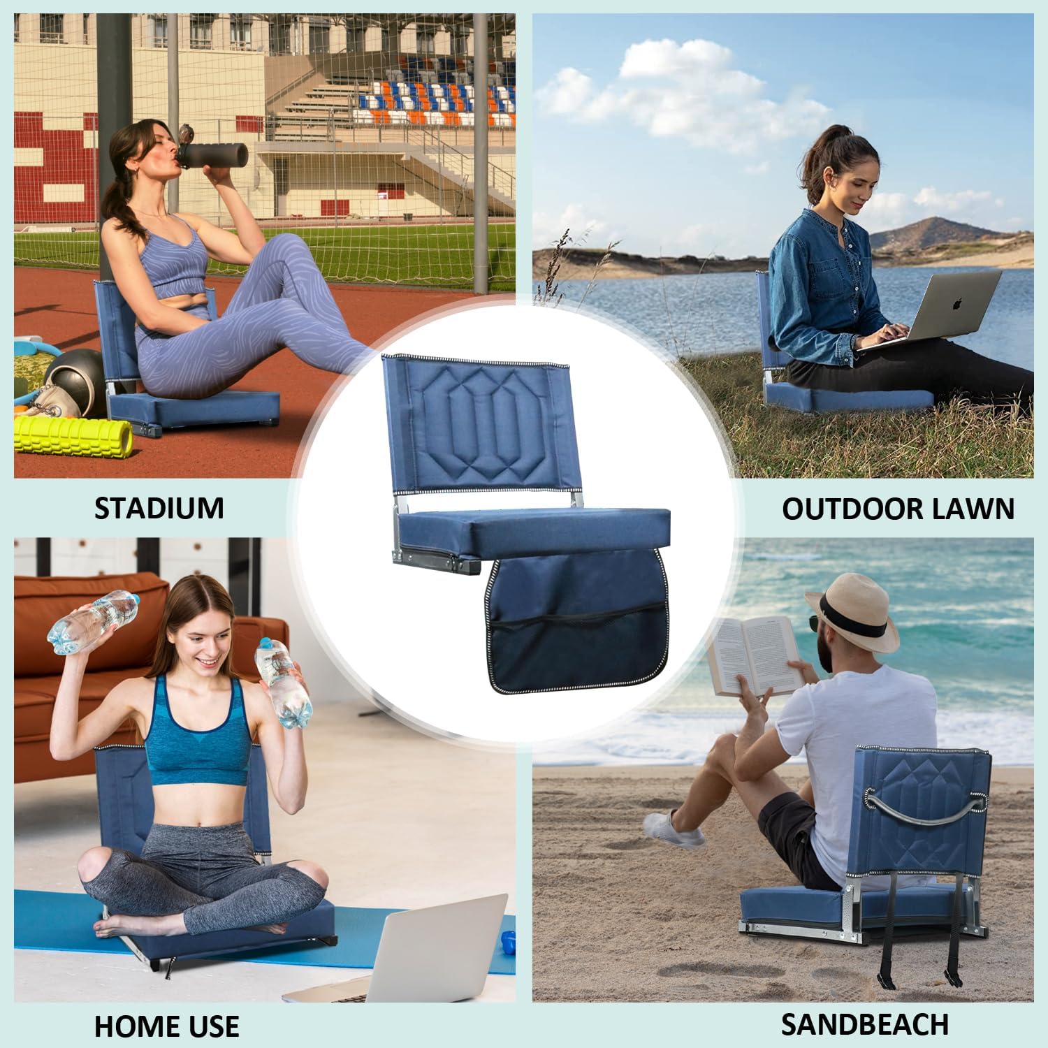 Skiennix Comfortable Stadium Seats - Cushioned Back Support & Storage Pockets | 2-Pack, Blue