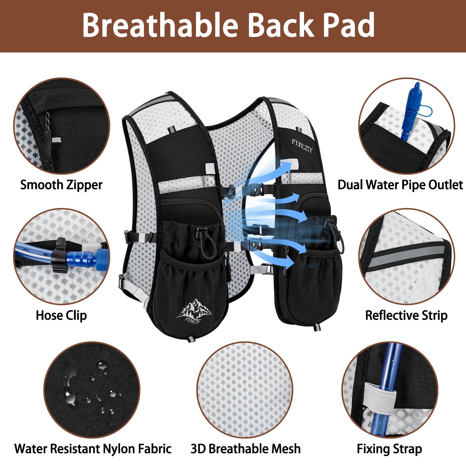 Running Hydration Vest for Women Men - Waterproof Running Water Backpack Hydration Pack with 12 Pockets, Lightweight Water Vest for Hiking Trail Cycling Marathon Race, Black