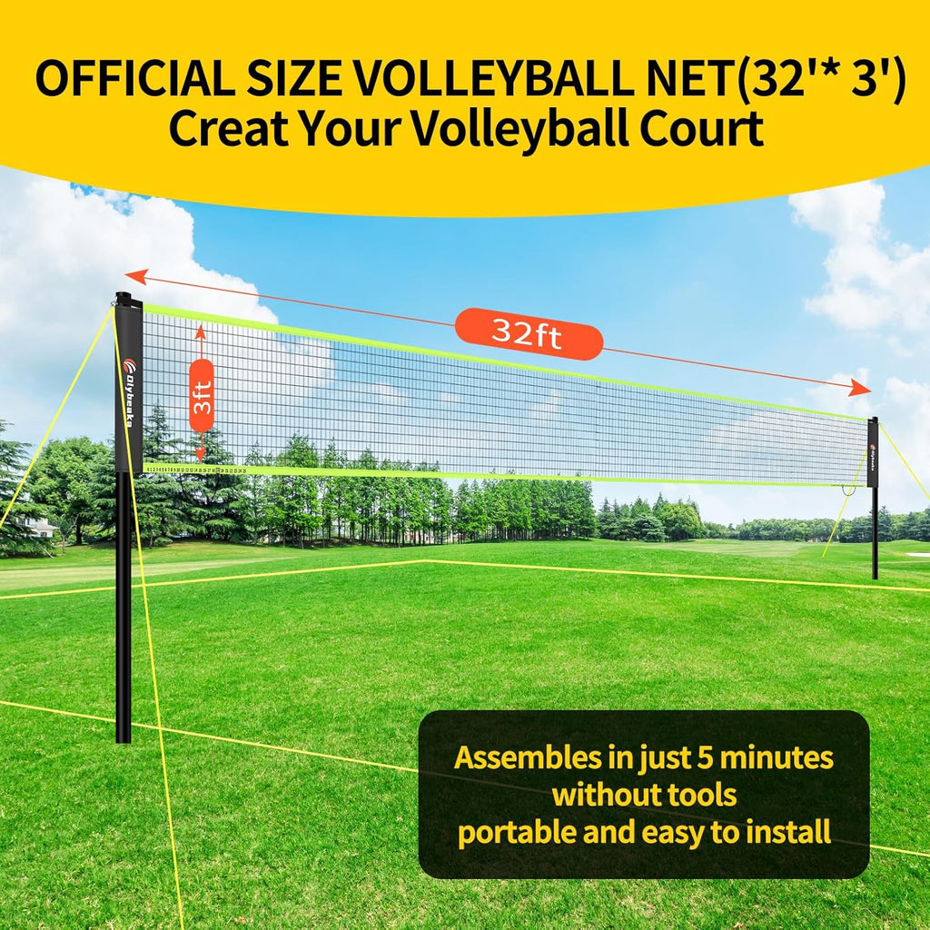 Regulation Size Volleyball Net Set by [Brand Name] - 32ft Portable Outdoor System with Adjustable Poles, PU Volleyball, Pump & Carry Bag