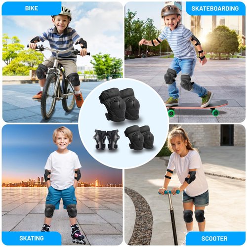 GEQID Kids Knee Pads Elbow Pads Wrist Guards Set ,Protective Gear for 4-6-12 Boys Girls Roller Skating Scooter Skateboarding Bike (Black, Free Size (4-12 Years or 40-80lbs))