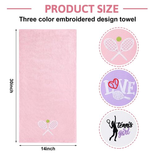 VitalCozy 3 Pcs Tennis Towel Cotton 30x14 Inch Embroidered Sports Towel Funny Tennis for Women Men Sports Player Fitness Accessories(Pink Purple White,Vivid Style)