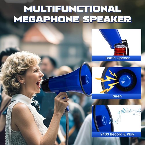 MyMealivos 20W Megaphone Bullhorn - Portable with Siren & 240s Recording | Volume Control, 300ft Range