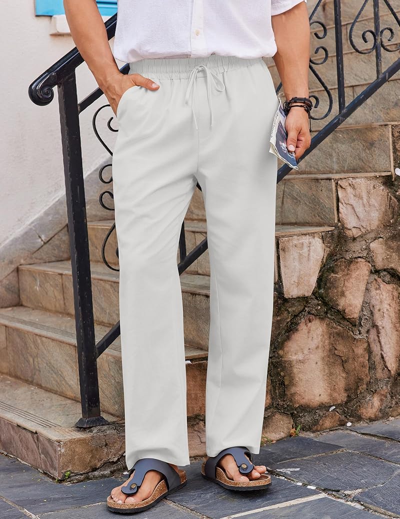 COOFANDY Men's Linen Pants Loose Fit Elastic Waist Drawstring - White, Large