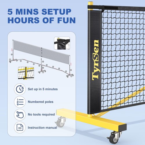 TYRSEN Pickleball Net Set - 22FT Net on Wheels, 4 Paddles, 6 Balls, 12 Court Markers, 1 Bag, Indoor/Outdoor Play