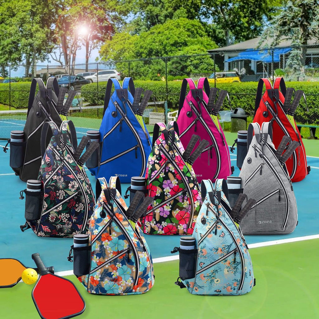 ZOEA Pickleball Sling Bag, Adjustable Pickleball Backpack with Fence Hook Water Bottle Holder, Fits 4 Paddles and All Your Other Gear (Flower Blue)