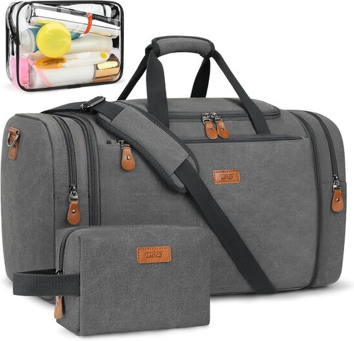 Canvas Men's Duffle Bag - Expandable 50L Travel Weekender with Toiletry Bag & Removable Shoulder Strap