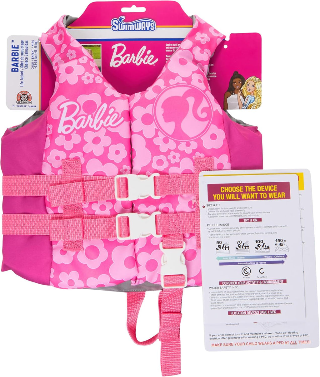 SwimWays Barbie Swim Trainer Life Jacket - US Coast Guard Approved Kids Vest | For 33-55 lbs