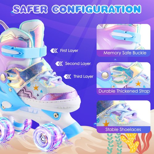 Kids Roller Skates with 6 Protection Pads, Adjustable Size Girl Roller Skates for Kids Beginner, Toddlers Roller Skate with 8 Light Up Wheels,Outdoor Roller Skates for Boys and Girls Ages 3-12