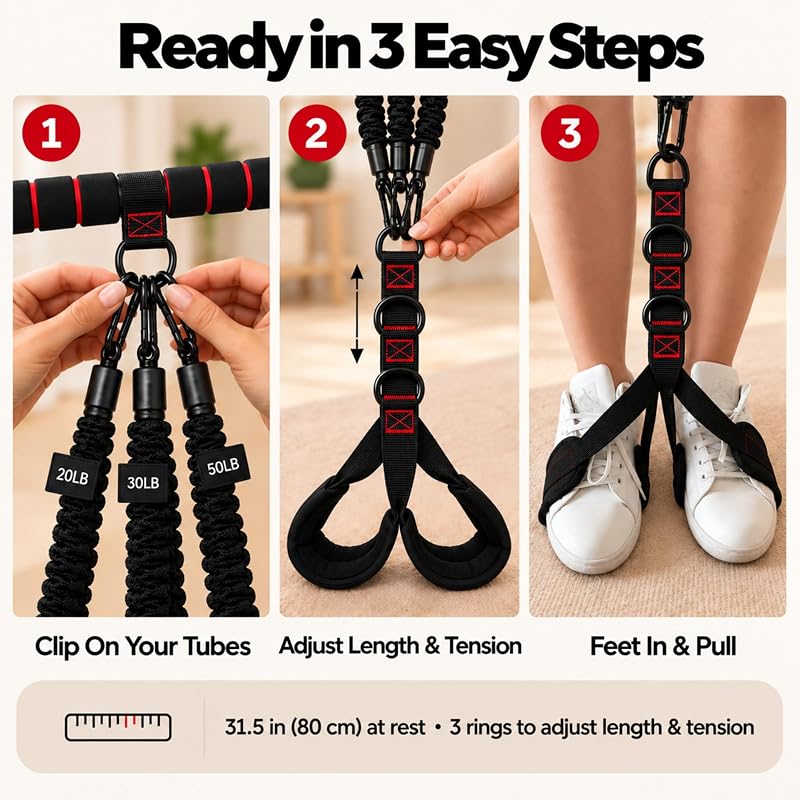 Resistance Bands with Handles for Abs, Sit-Ups & Full-Body Workouts (3 Tubes, 20/30/50 lb) Home Set