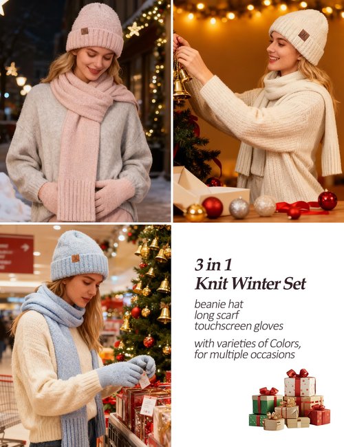 Hat Scarf And Gloves For Women, Winter Hats Womens Beanie Scarf Cold Weather Touchscreen Gloves Gift Set, Fall Accessories (Sky Blue)