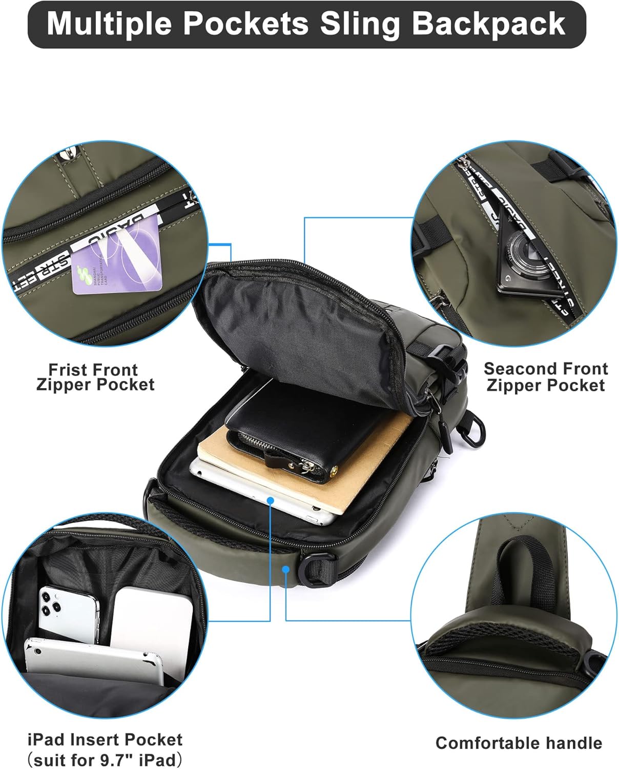 SEAFEW Sling Crossbody Backpack - Lightweight One Strap Bag with USB Charger Port | Olive Green