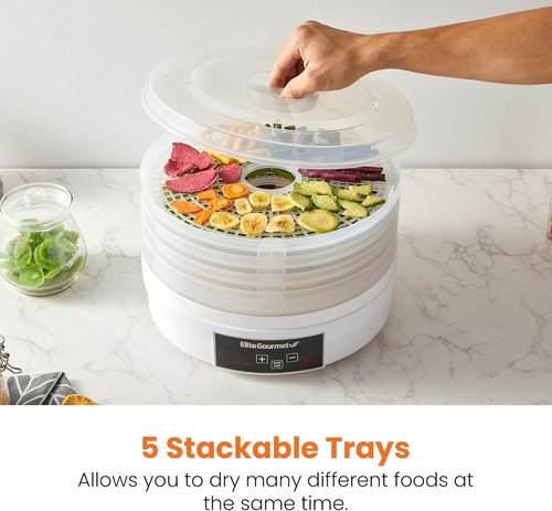 Elite Gourmet Digital Food Dehydrator - 5 BPA-Free Trays, Adjustable Timer & Temperature Control, White