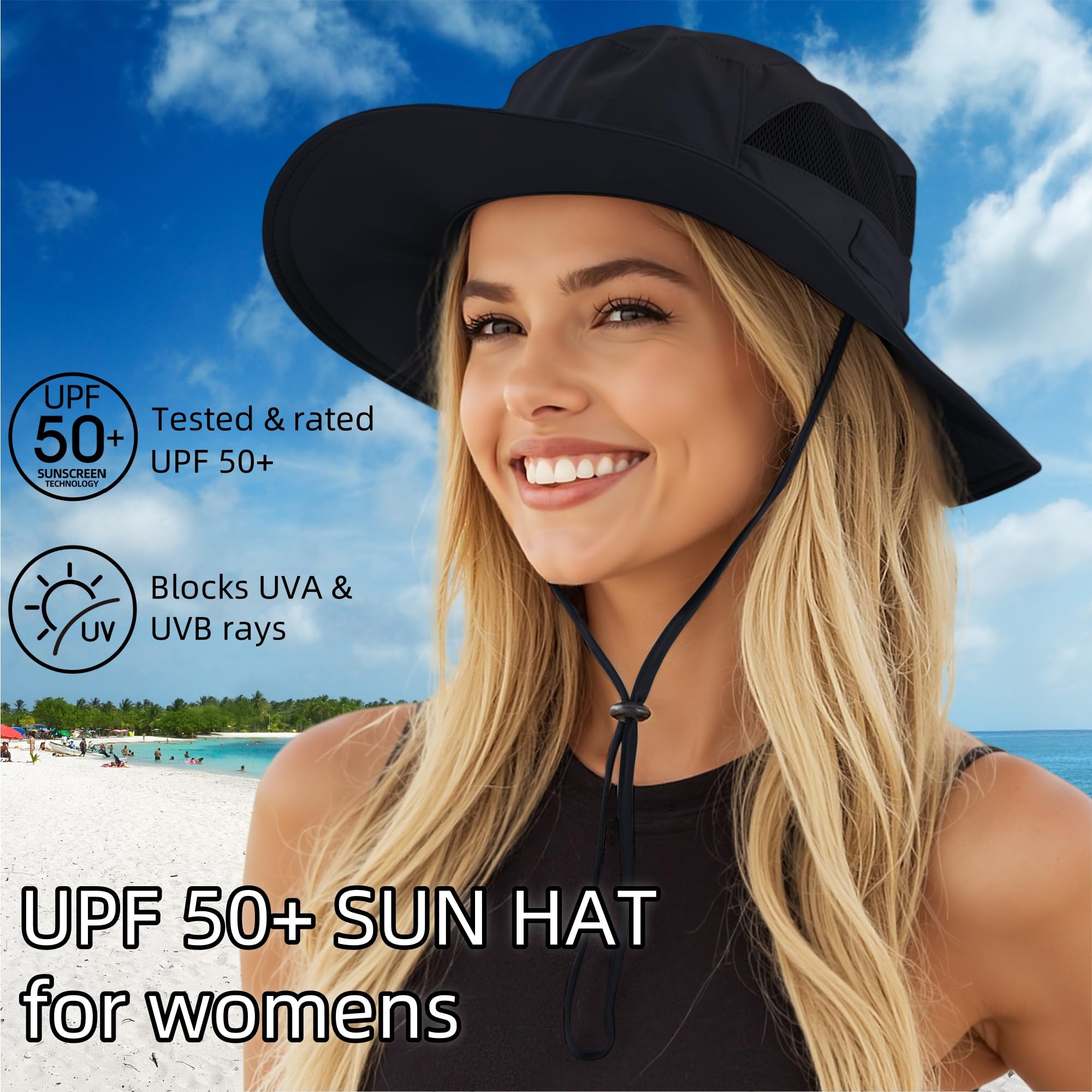 Connectyle UPF 50+ Sun Protection Hat for Women Ladies Sun Hat Quick Dry Summer Beach Hats Foldable Outdoor Safari Hats Black