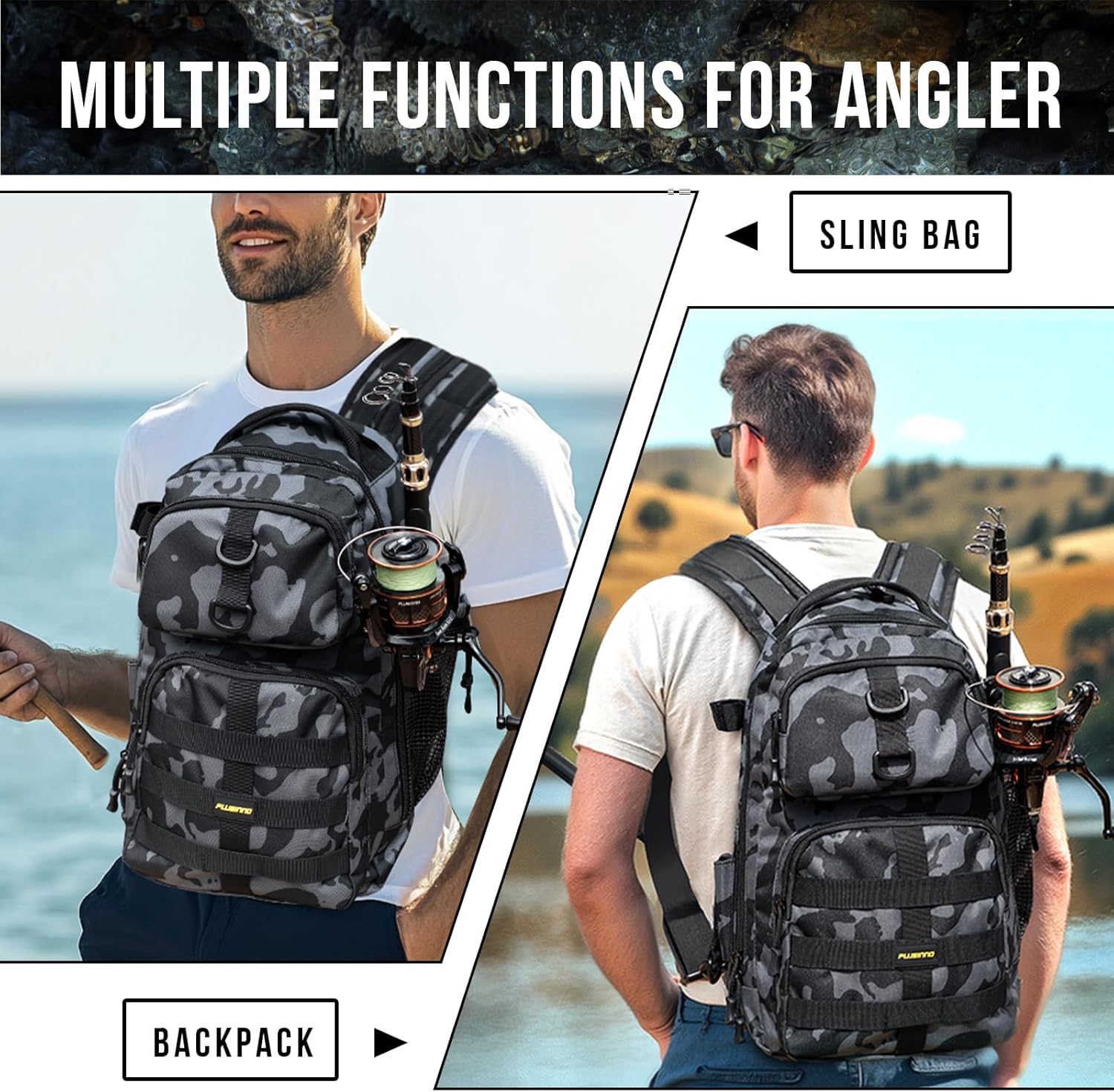 PLUSINNO Fishing Backpack - Waterproof Sling Tackle Bag with Rod Holder & Tackle Boxes | Ideal Fishing Gift for Men