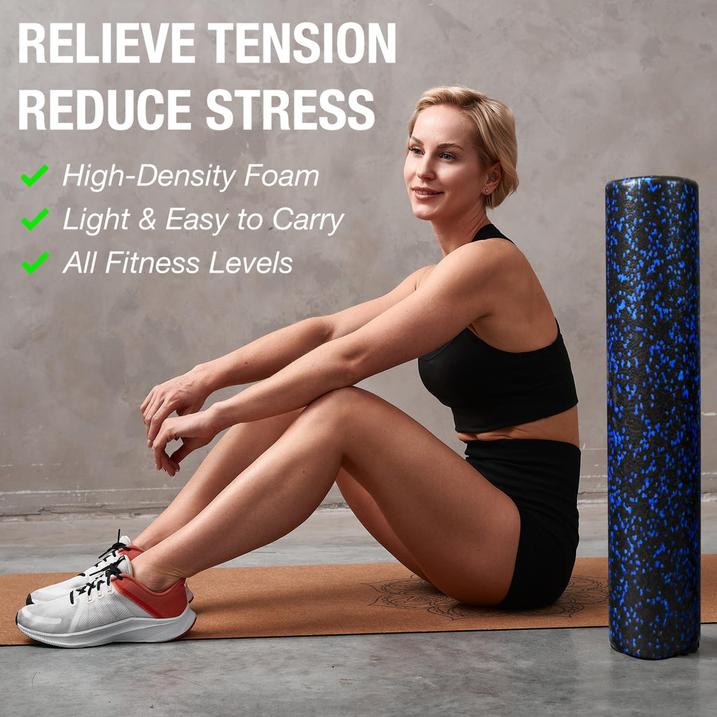 NEXO Fitness High-Density Round Foam Roller for Muscle Soreness Recovery, Exercise, Massage - 18", 24", 36" Blue Fleck (36 Inch)