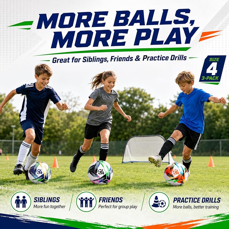 Soccer Ball Size 3/4/5 with Pump - Tri-Color PVC, 7.8in Diameter, Includes 3-Pack