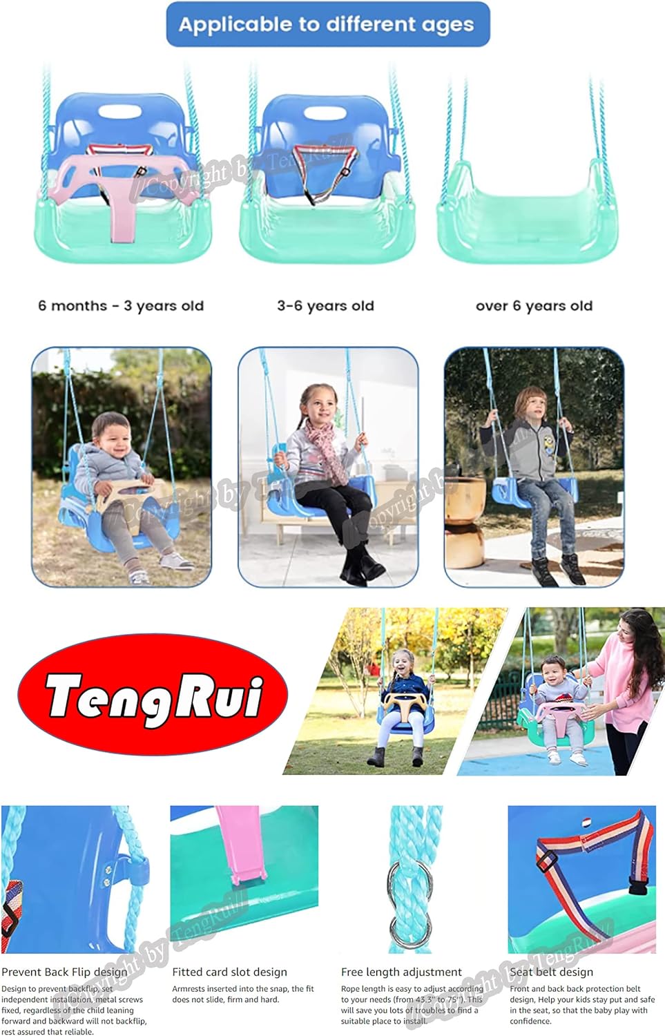 Skiennix 3-in-1 Swing - Anti-Flip Design for Toddlers to Teenagers | Macarons Color, Light Green Chair & Pink Handrail