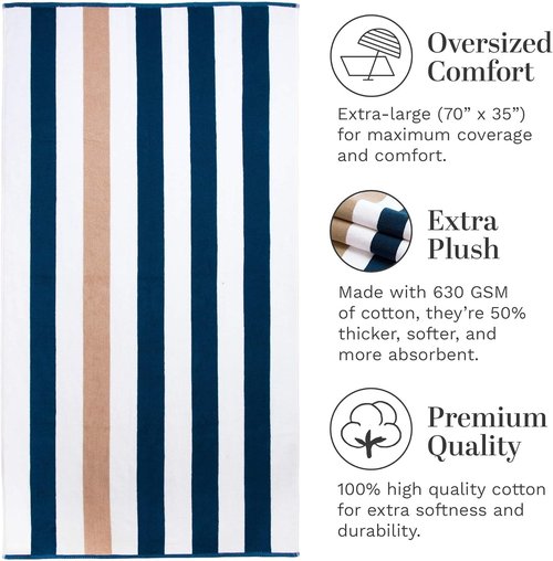 Laguna Beach Textile Co. Oversized Striped Cabana Beach Towel - Plush 630 GSM Cotton | Ocean Blue & Almond Beige