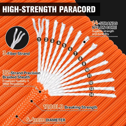1200 Paracord Rope - 4.4mm 14 Strand Nylon Parachute Cord for Outdoor Camping & DIY Projects | 100FT Orange