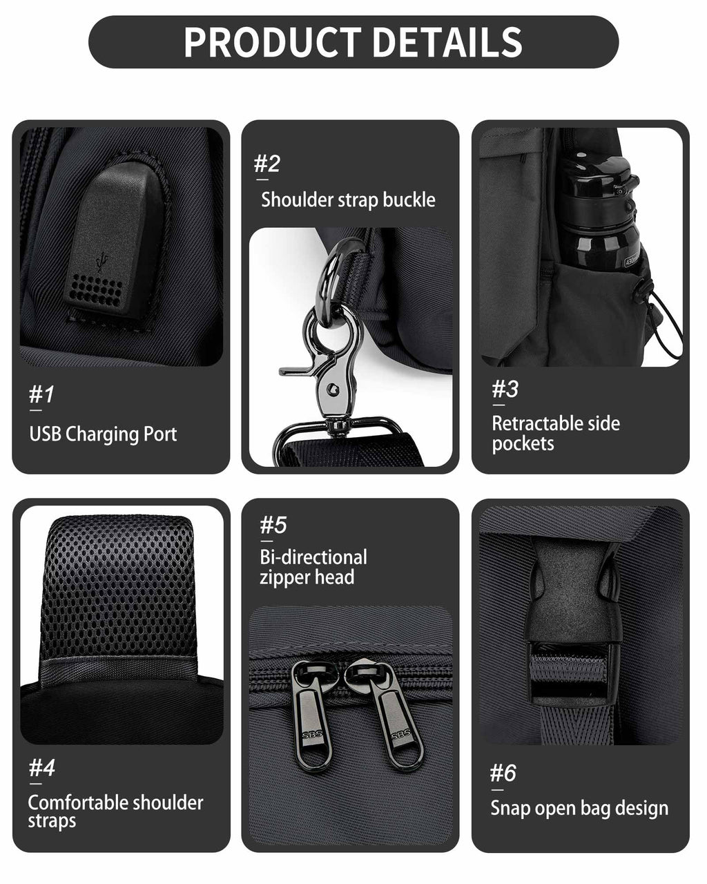 SEAFEW Black Sling Bag for Men Women, Mini Anti Theft One Strap Motorcycle Sling Backpack, Small Sling Chest Bag Daypack Crossbody Backpack for Casual Travel Hiking Gym Outdoor Sports
