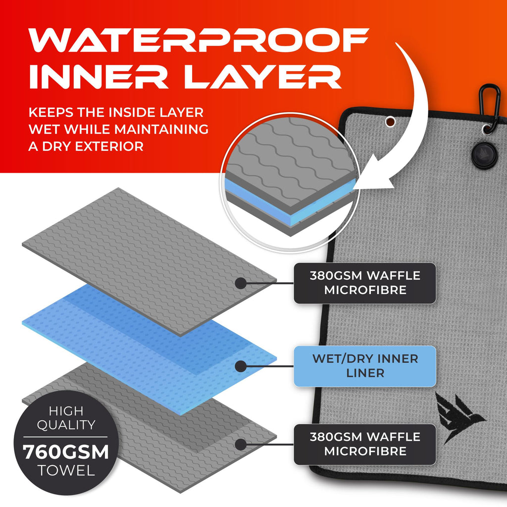 SWIFTEE Ultimate 4-in-1 Premium Golf Towel with Built-in Brush, Magnet, Ball Marker & Carabiner - 760GSM Microfibre Waffle Towel with Inner Wet Dry Liner (Grey)