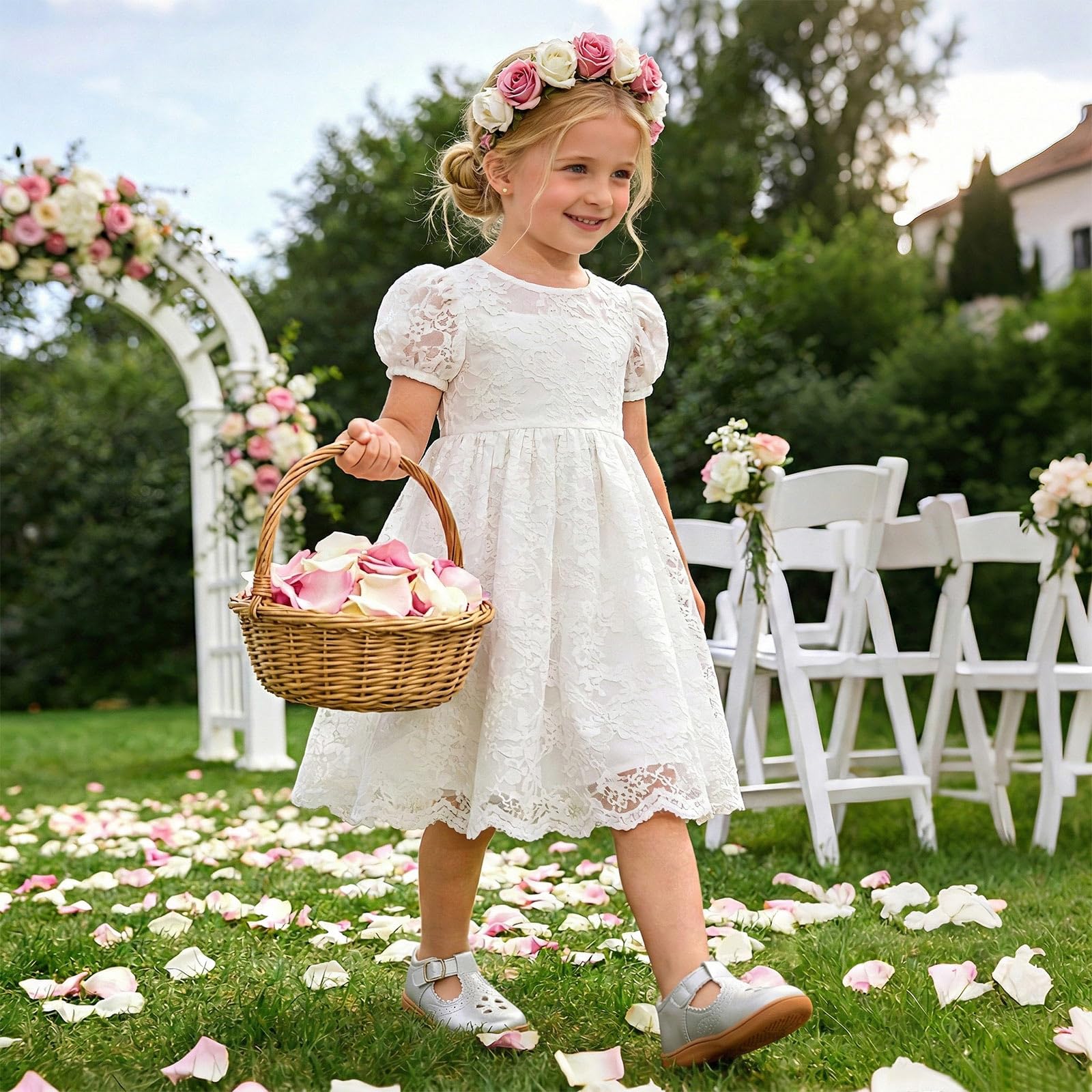 LeIsfIt Toddler Girls Shoes Flower Girl Mary Jane Dress Shoes Wide Ballet Flats forParty School Wedding Church Silvery 5 Toddler