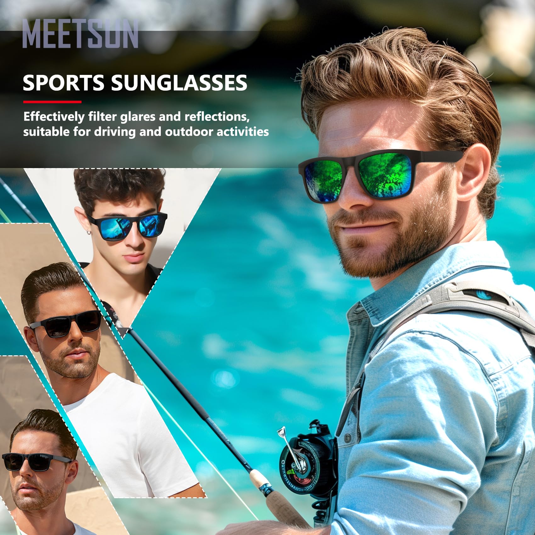 MEETSUN Polarized Sunglasses For Men Women UV Protection Square Frame Sport Fishing Driving Sunglasses (3 Pack) Black/Ice blue/Green