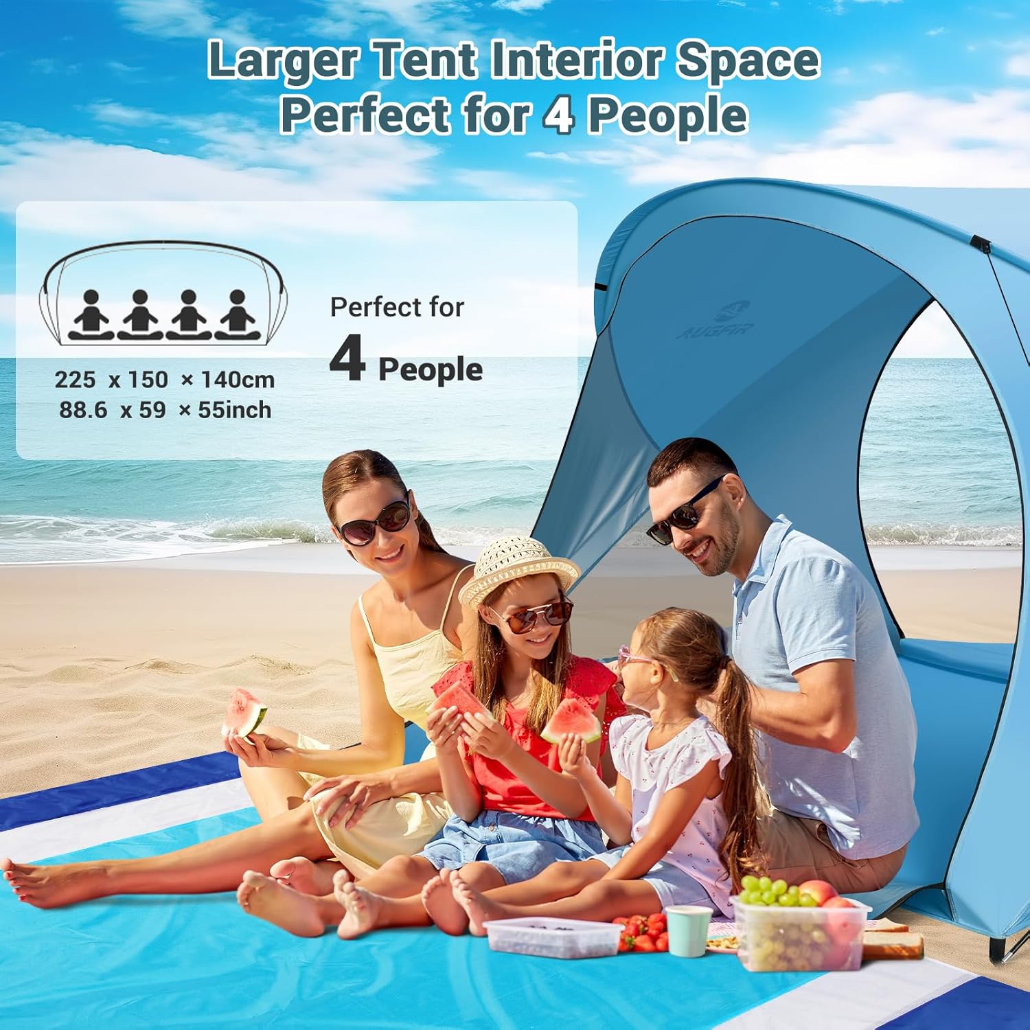 Skiennix Beach Tent - Portable Sun Shelter with UPF 50+ Protection & Dual-Door Ventilation | Fits 4 People (Blue)
